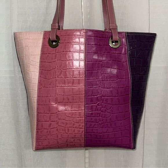 Valerie Stevens Four Tone Warm Purple Pink Croc Print Genuine Leather Tote - Picture 4 of 12